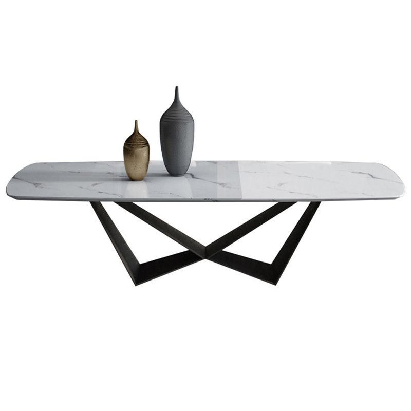 Glam Rectangle White Coffee Table with Marble Top and Steel Base