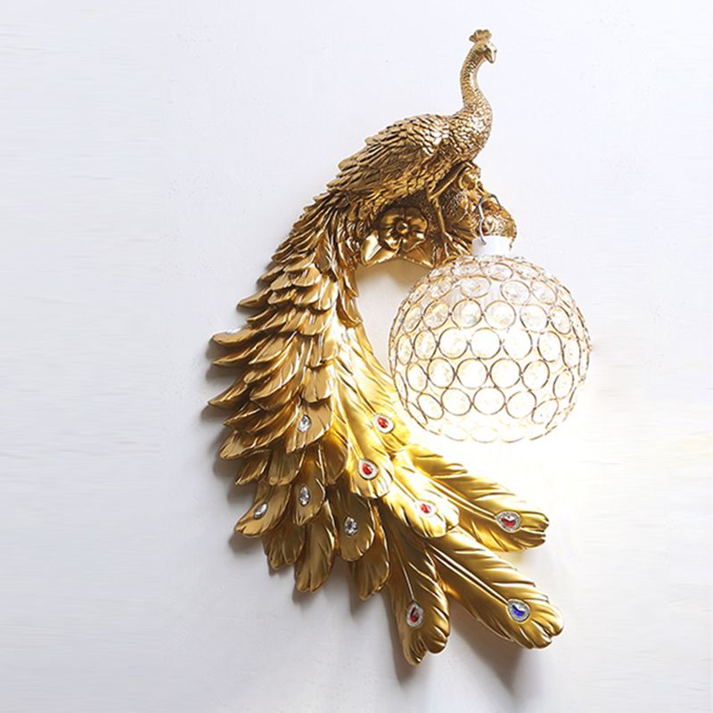 Peacock Wall Sconce Art Decor Resin 1-Light Living Room Wall Lamp with Spherical Crystal Shade