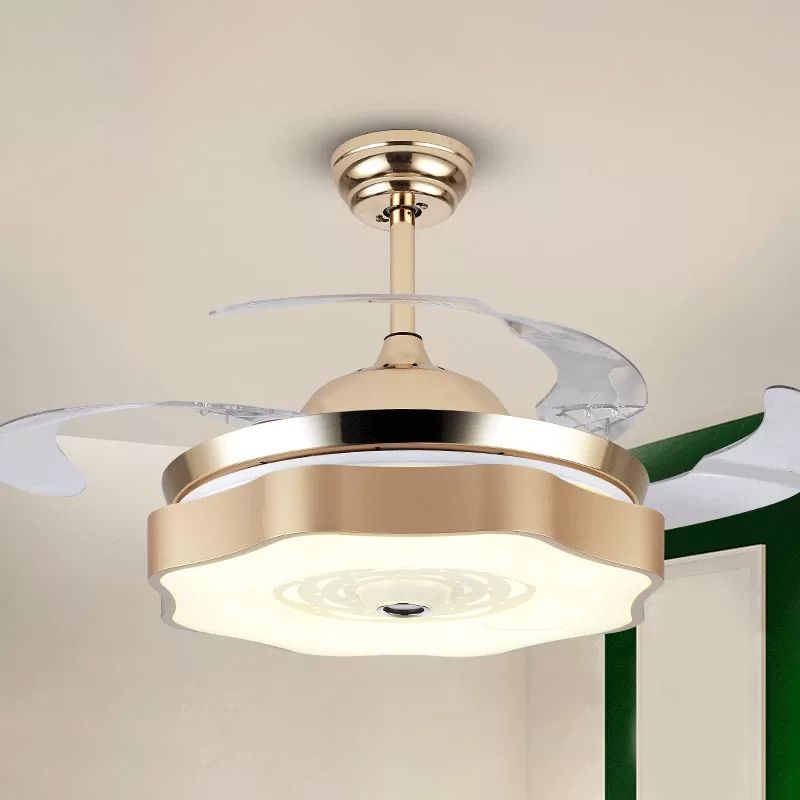 4-Blade LED Bedroom Pendant Fan Light Modern Gold Semi Mount Lighting with Petal Acrylic Shade, 19" Wide