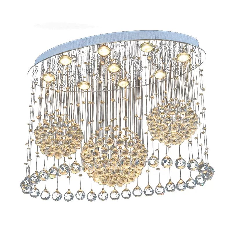 9 Bulbs Oval Flush Ceiling Light Fixture Modern Stainless Steel Crystal Drape Flushmount Light for Bedroom