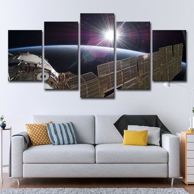 Sci-Fi Space Satellite Art Print Canvas Multi-Piece Black and Brown Wall Decor for Room
