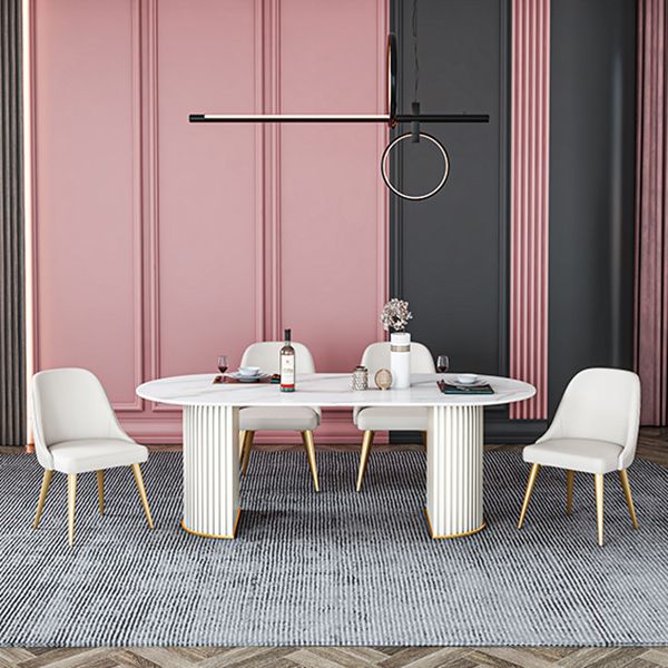 Glam Sintered Stone Top Kitchen Dining Table Oval Standard Dining Table with Double Pedestal Bases
