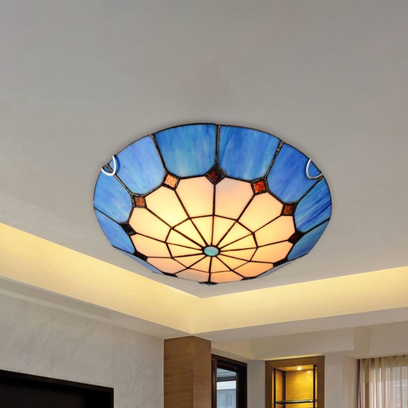 12"/16" Wide Art Glass Grid Bowl Ceiling Mount Light Tiffany Antique Ceiling Lamp in Blue/Orange/Yellow for Bedroom