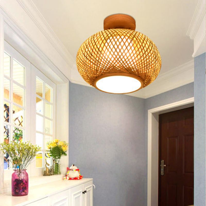 Asian Style Handmade Bamboo Weaving Ceiling Light 1 Head Wooden Ceiling Lamp for Restaurant