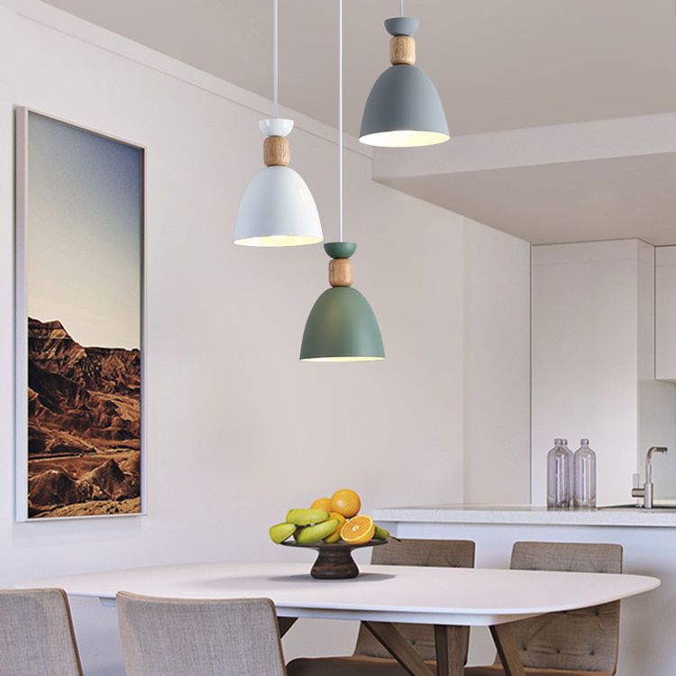 Moderne beknopte macaron hangende lamp houten koepel hanger licht met gelakte ijzeren schaduw