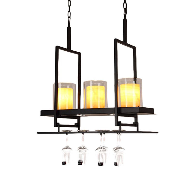 3/5 Heads Cylinder Island Light Traditional Black Marble Pendant Lighting Fixture with Metal Wine Glass Rack