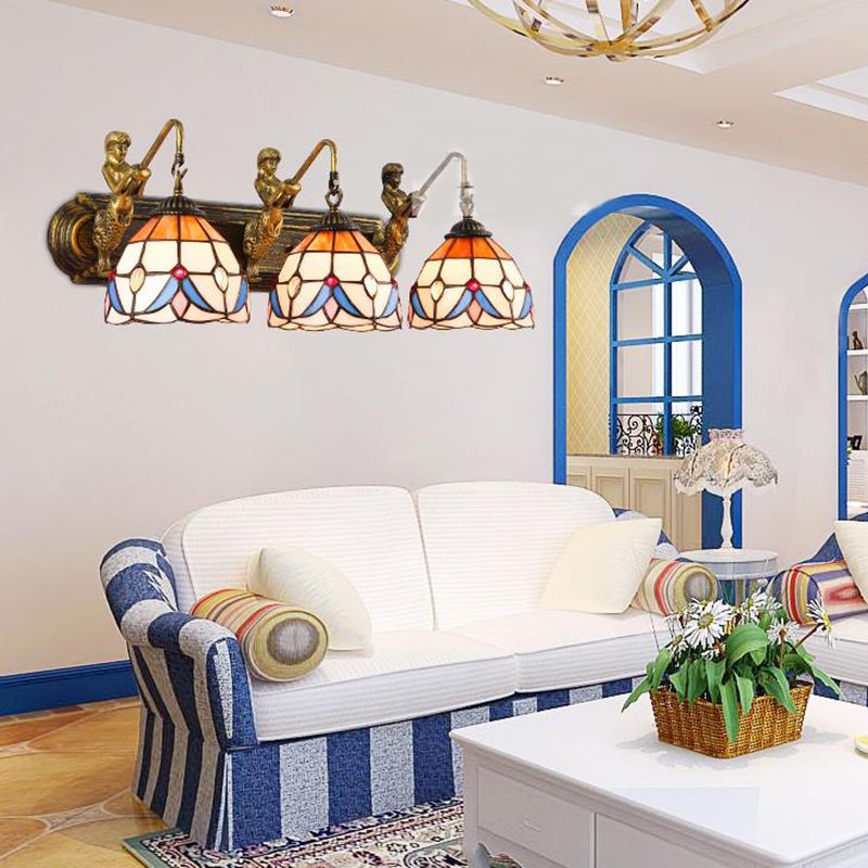 Tiffany Jeweled White Glass Sconce Light 3 Heads Wall Mounted Light in Beige with Mermaid Backplate