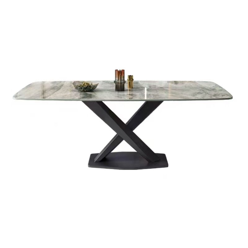 Modern Rectangular White Stone Top Dining Table with Steel Black X-Base