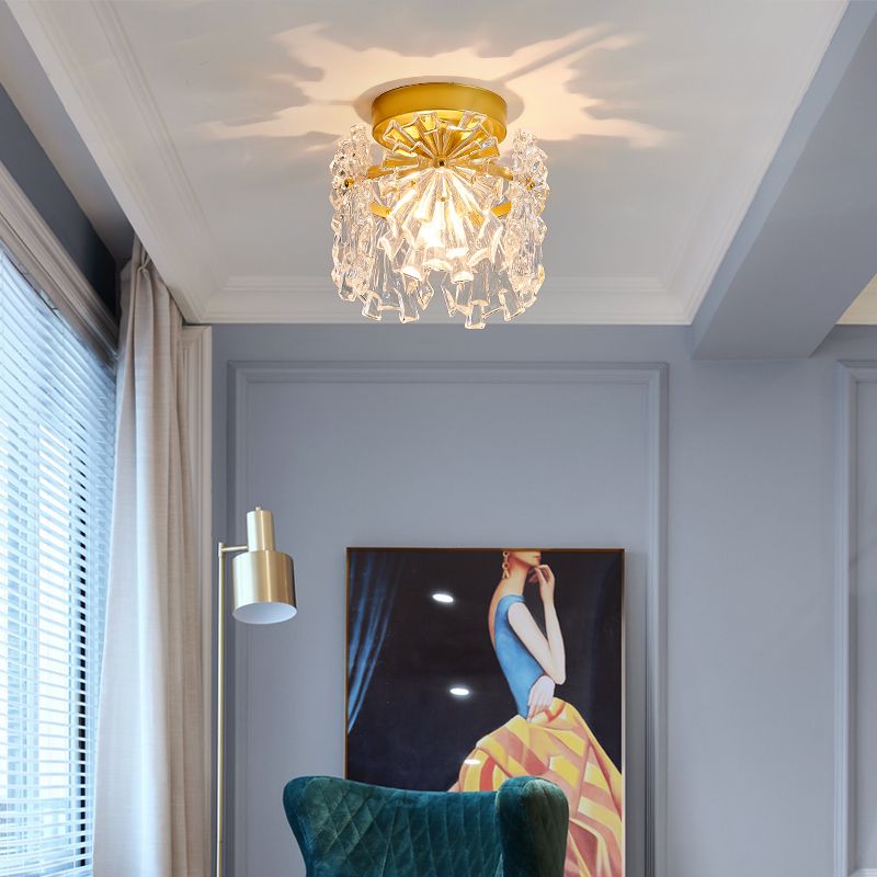 Modern Close to Ceiling Lighting Fixture Gold Cylinder Ceiling Light with Glass Shade