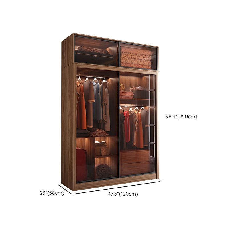 Bedroom Sliding Door Wardrobe Modern Brown Cabinet with Glass Doors