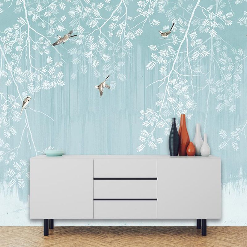 Blue and White Chinese Mural Wallpaper Custom-Printed Bird and Plant Wall Art for Home Decor