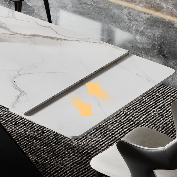 Modern Rectangular White Stone Top Dining Table with Black Steel Double Pedestal