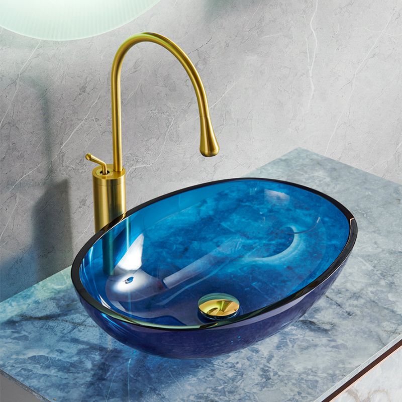 Modern Vessel Sink Oval Glass with Pop-Up Drain and Faucet Vessel Bathroom Sink