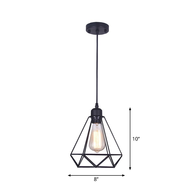Black Diamond Cage Pendant Lamp Retro Iron 1 Head Bedroom Suspension Light Fixture