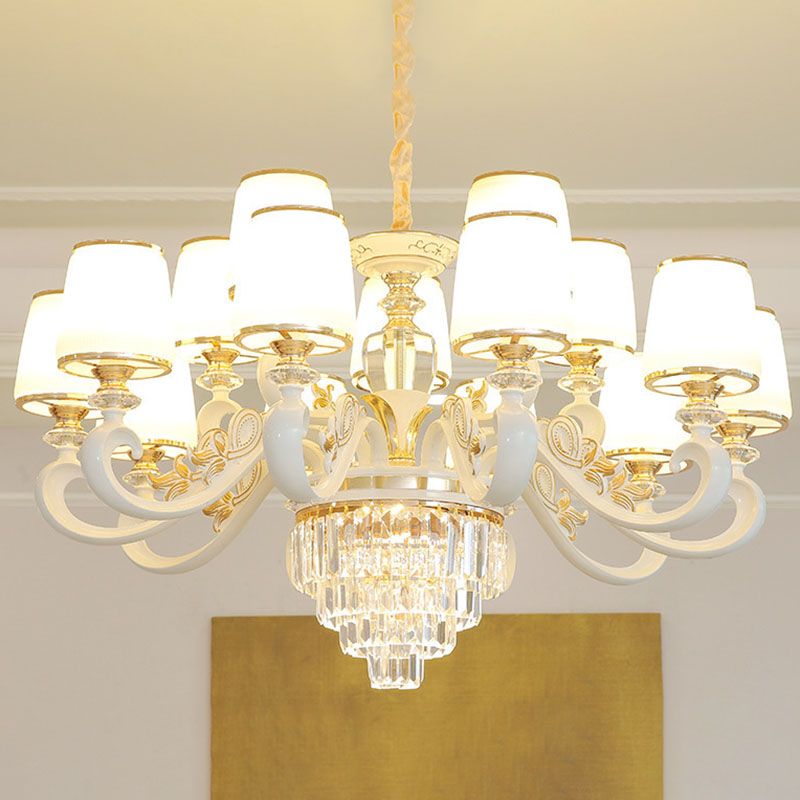 Luz de colgante colgante cónico de oro simplicidad de vidrio opalino iluminación con brazo curvo