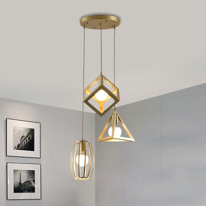Metal Golden Hanging Lamp Wire Frame 3 Lights Farmhouse Suspended Light with Round/Linear Canopy for Living Room