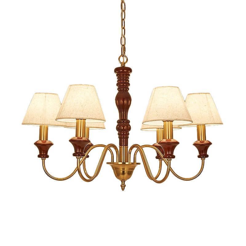 Fabric Conical Hanging Ceiling Light Rural Style 6/8 Heads Living Room Chandelier in White with Curved Arm
