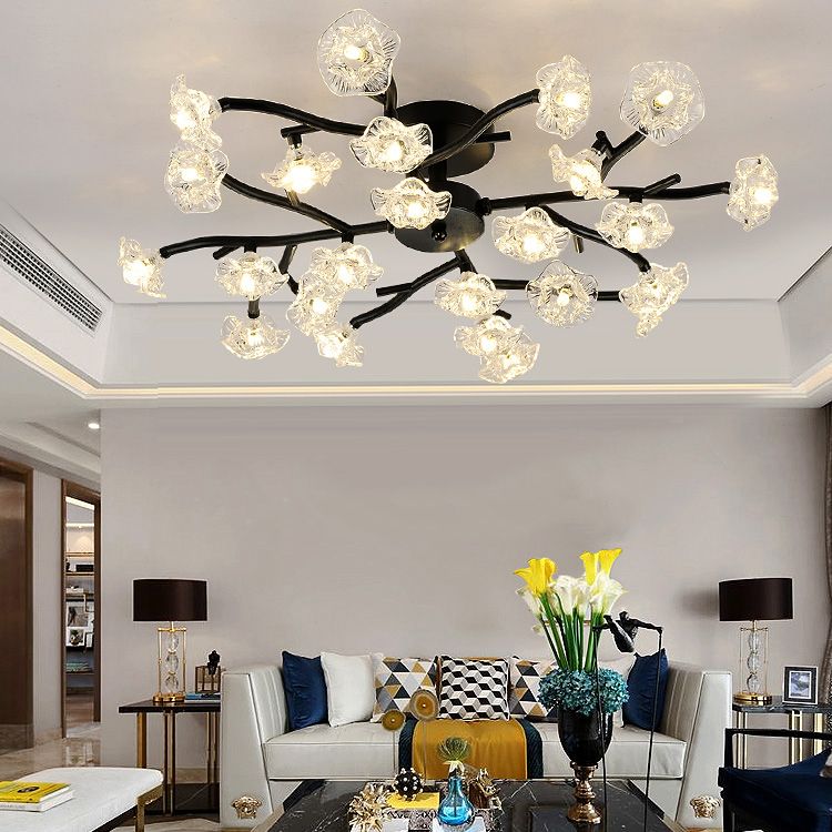 Moderne Metall-Halbblüten-Lampe Mehrköpfe Blumenschlafzimmer Deckenbeleuchtung mit Glasschatten