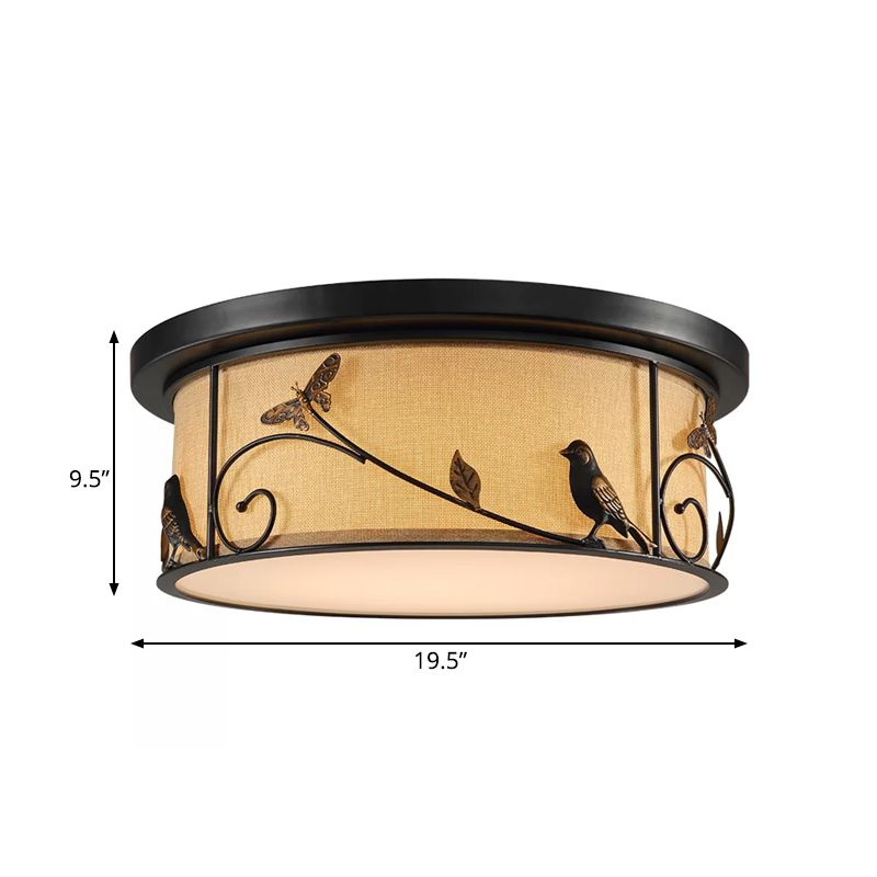 Techo de tejido de tambor Montar Iluminación de montaje LED de dormitorio de casita de campo con decoración de escena pastoral en negro