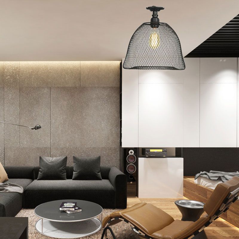 1 Bulb Saucer/Barrel Semi Flush Light Industrial Stylish Black Finish Metal Ceiling Mounted Light with Mesh Screen