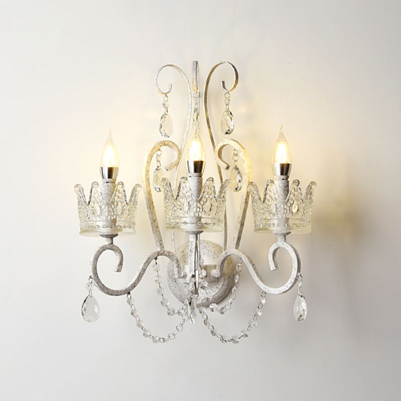Crown Living Room Wall Mount Light Traditional Crystal White Wall Light Fixture with Swirled Arm