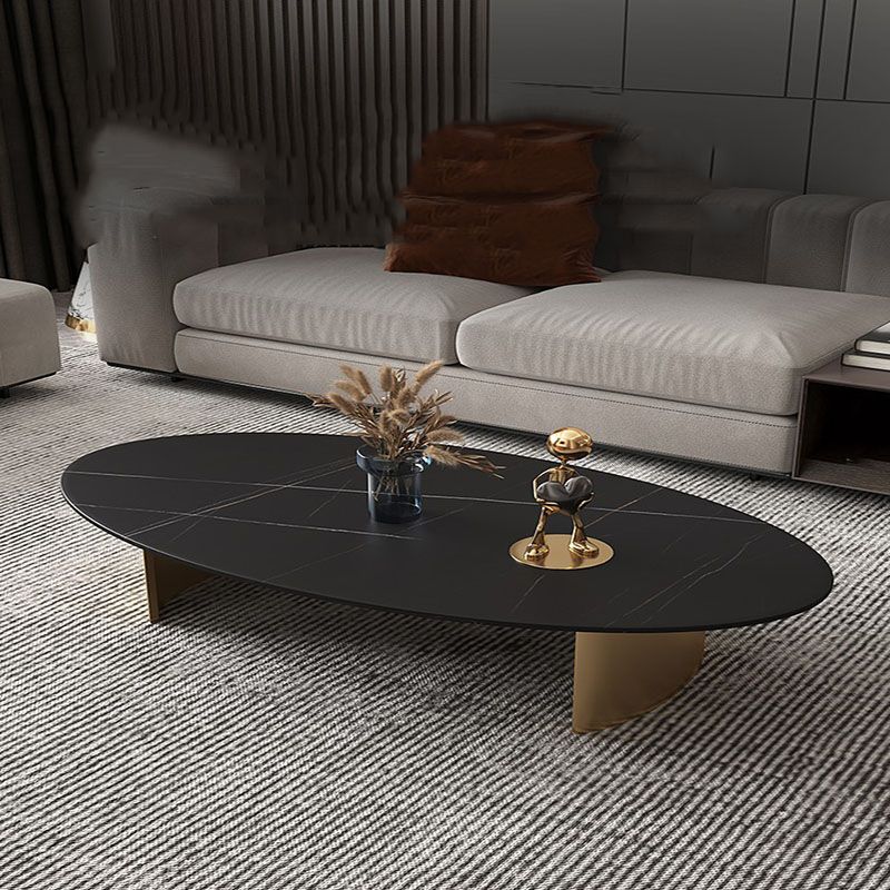 Glam Oval Slate Top Coffee Table Steel 2 Legs Cocktail Table