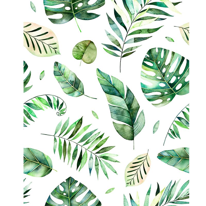 Green Diverse Leaves Wall Mural Moisture Resistant Tropical Living Room Wall Covering
