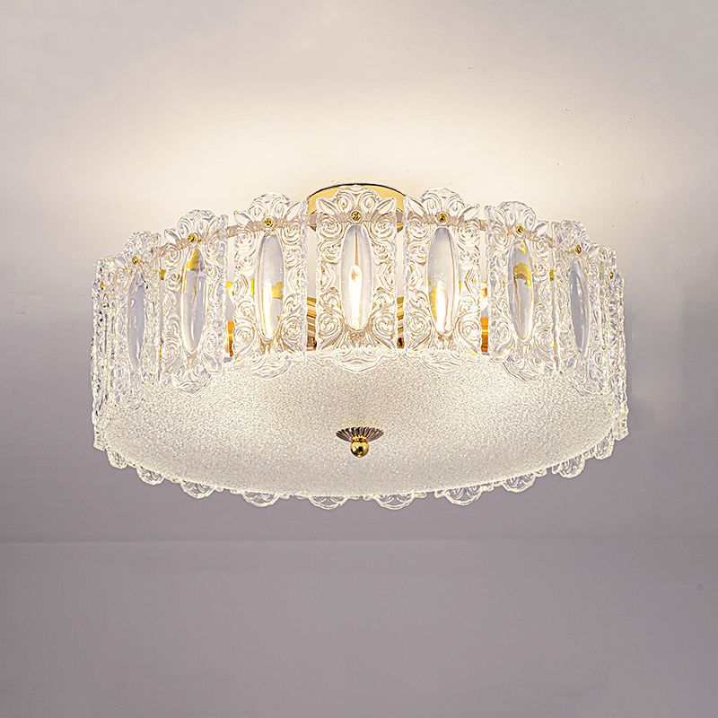 Trommel slaapkamer semi-flush lamp traditionele multi-head gouden plafondverlichting met glazen schaduw