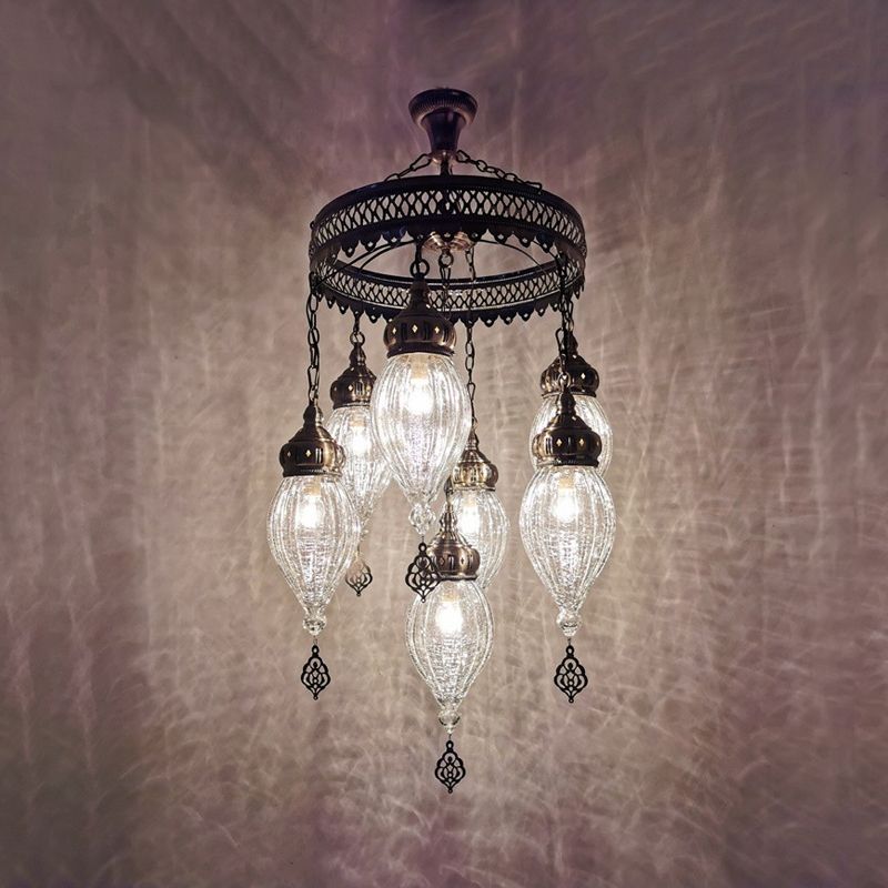 Clear Crackle Glass Chandelier Light Fixture Bohemia 7-Light Living Room Ceiling Pendant with Circular Design