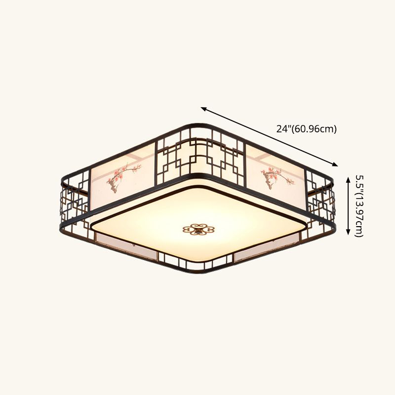 Brown Geometric Flush Mount in Traditional Artistic Style Wrought Iron Ceiling Light with Fabric Shade