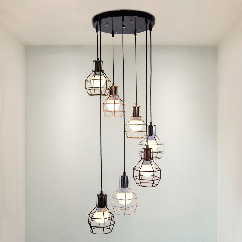 Metal Grenade Cage Suspension Light Minimalist Black Multi Light Pendant for Staircase