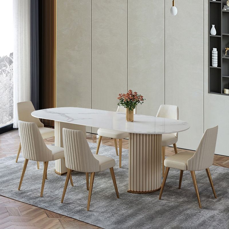 Contemporary White Oval DiningTable Sintered Stone Top Double Pedestal Table