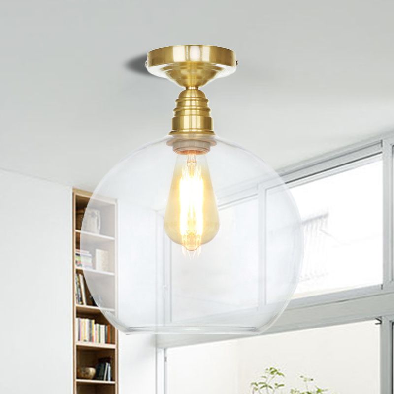 1 Light Spherical Semi Flush Light Brass Industrial Clear/Amber Glass Ceiling Mount, 8"/10"/12" Wide