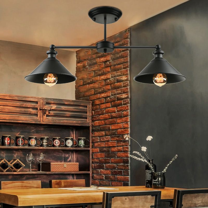 Dubbele conische metalen semi-inbouw lichte industriële eettafel met 2 lampen en plafondverlichting in zwart