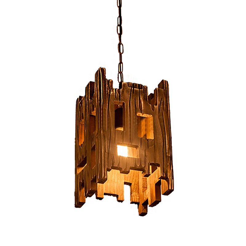 Brown Rectangle Pendant Fixture Antique Etched Wood 1/2/3-Light Dining Room Hanging Ceiling Light