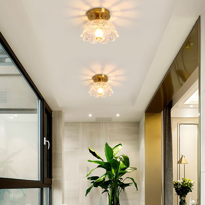 Small Foyer Ceiling Mounted Lamp Textured Glass 1-Bulb Minimalist Semi Flush Light in Brass