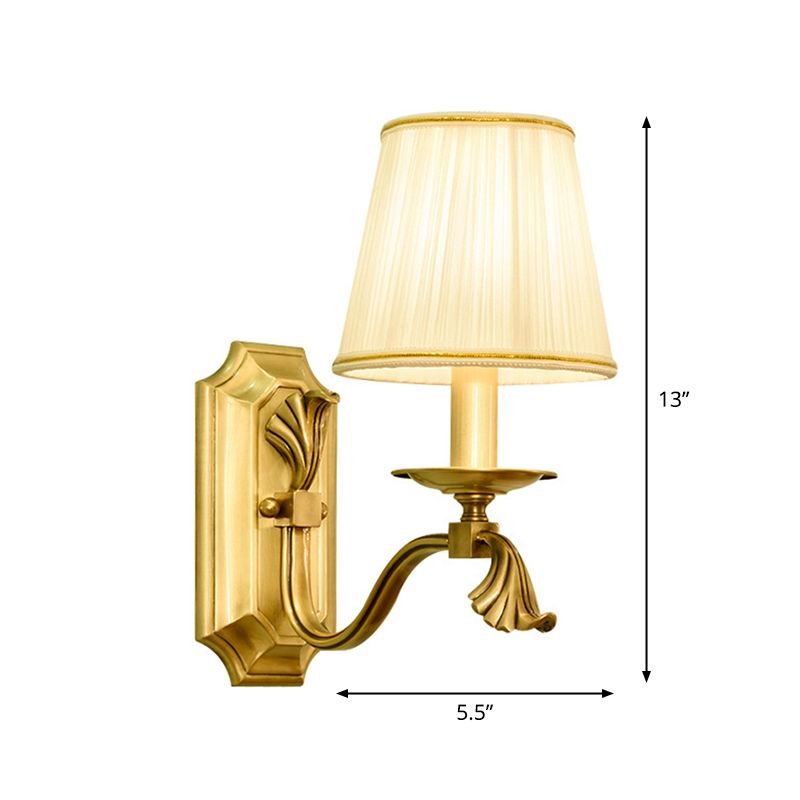 Candle Bedside Wall Lighting Rustic Metal 1/2-Light Gold Wall Mount Lamp with Cone Pleated Fabric Shade
