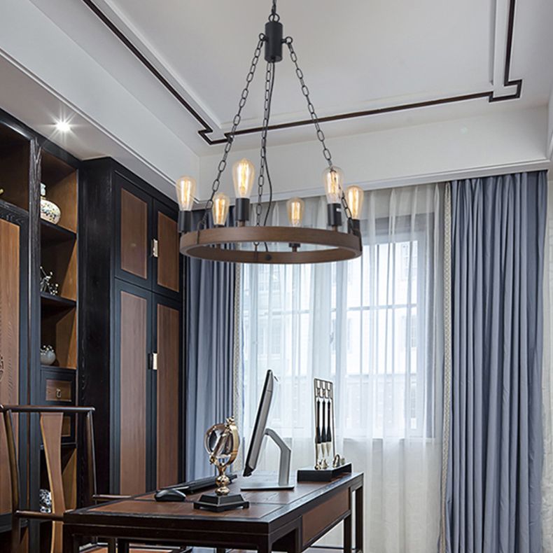 Antique Wood Hanging Pendant Lights Industrial 6-Lights Hanging Lights for Bar