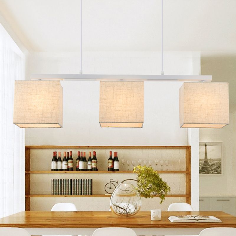 Square/Drum Island Light Fixture Modern Fabric 3 Heads White Hanging Ceiling Light for Kitchen