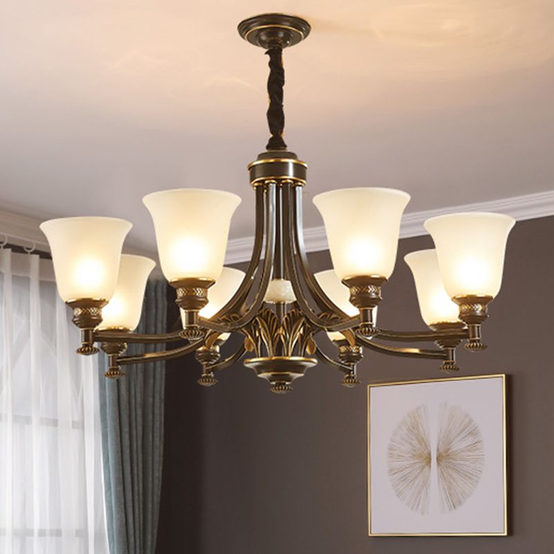 Flared Frosted Glass Suspension Light Rustic Living Room Chandelier Light in Black