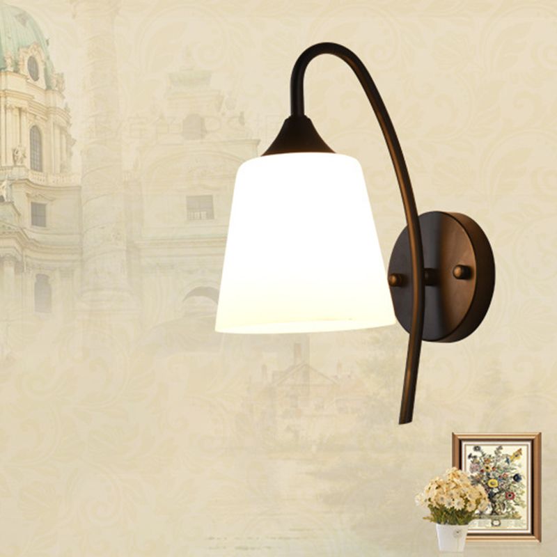 Black Finish Gooseneck Wall Light Rustic Metal 1 Bulb Bedroom Sconce Lamp with Milk Glass Shade