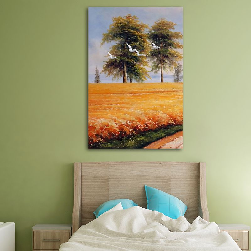 Yellow Painting Canvas Bird Flying over Field Landscape Rustic Textured Wall Art