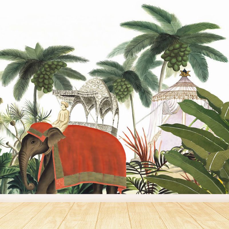 Big Elephant and Trees Mural Wallpaper Ornamental Tropical Dining Room Wall Decor