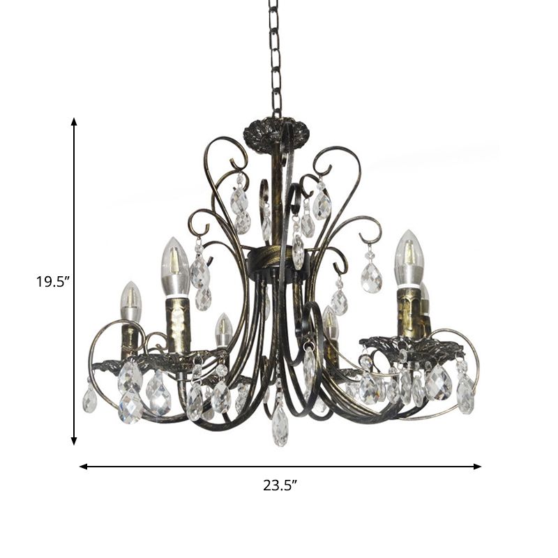 Bronze Curved Candle Chandelier French Style 6 Lights Iron Ceiling Lighting with Crystal Accent