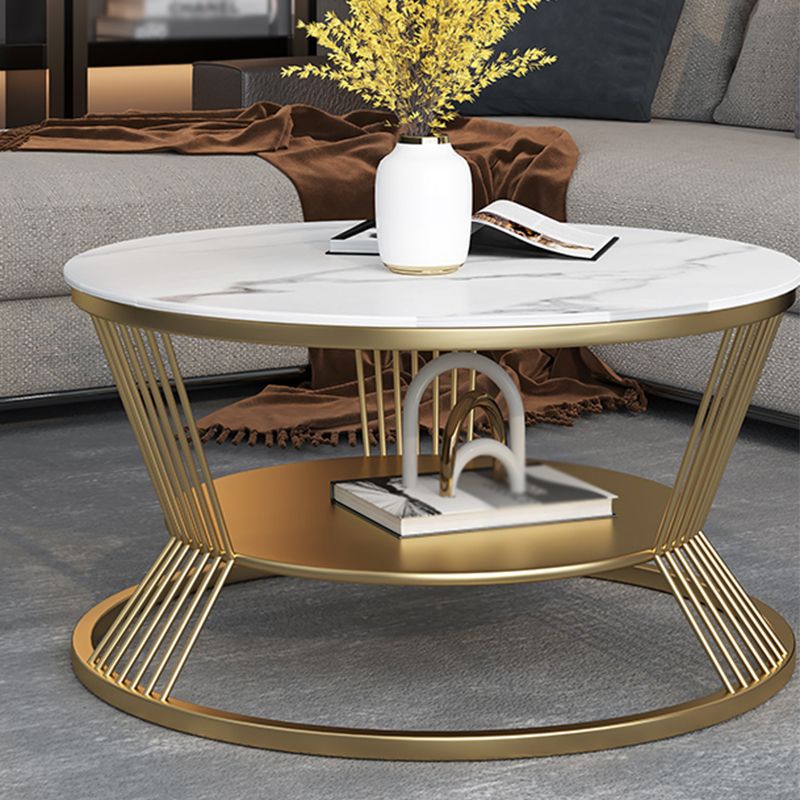 Modern Slate Frame Coffee Table Open Shelf Round Cocktail Table in Black/White