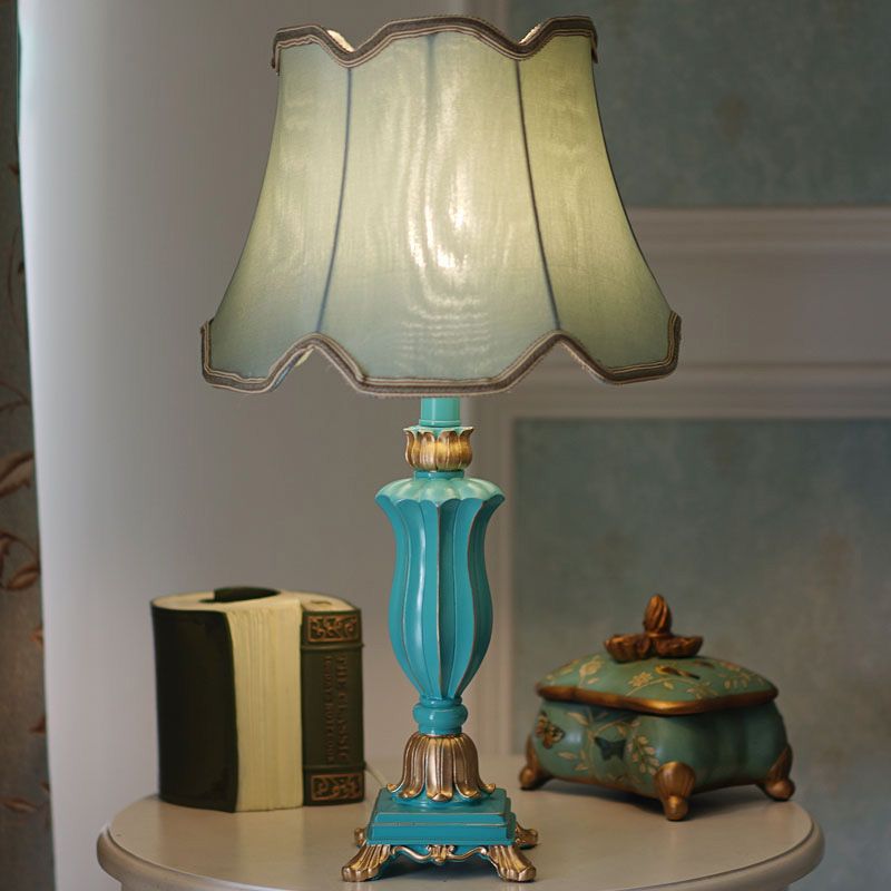 White/Blue Flared Shade Night Table Lamp Traditional Style Fabric 1-Head Bedroom Desk Light