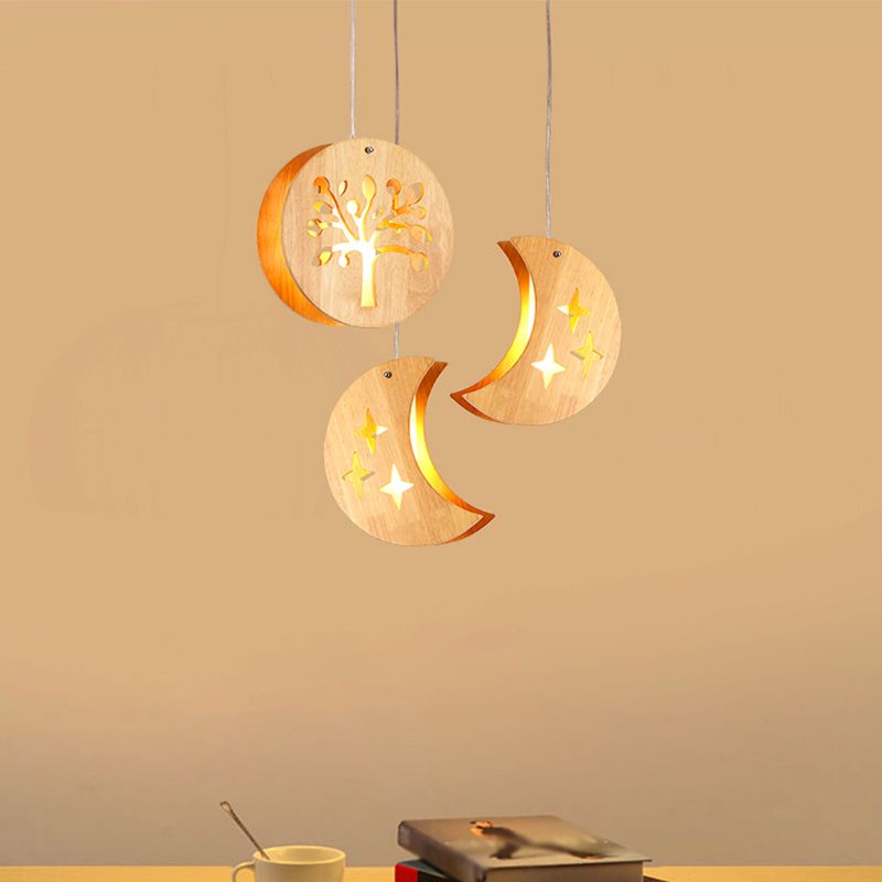 Hollowed-out Wooden Multi Pendant Light Minimalist 3-Bulb Beige Hanging Light for Dining Room