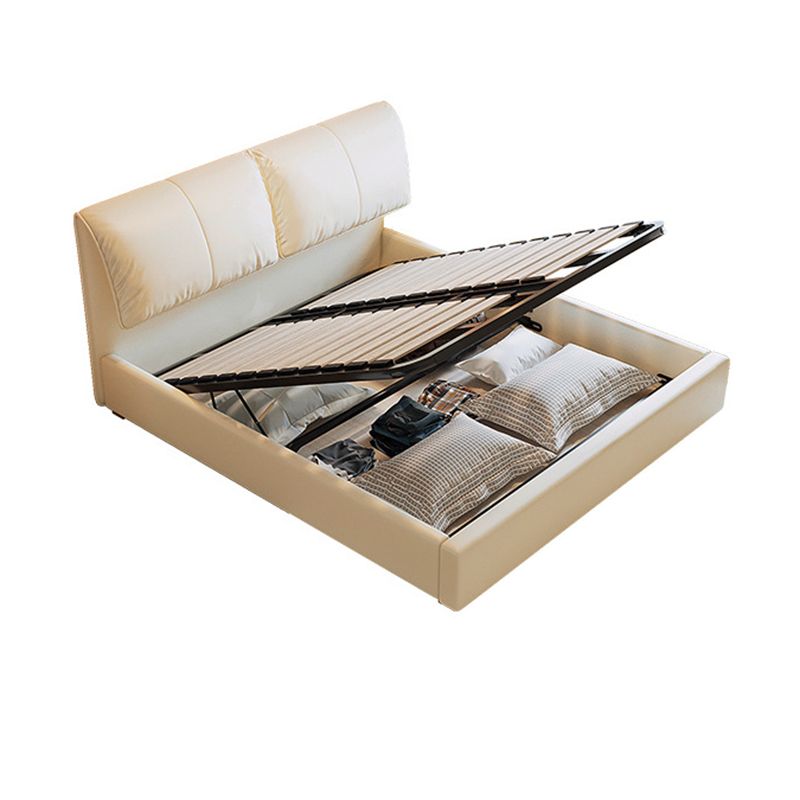 Glam Cream Bed Frame Genuine Leather Upholstered Standard Bed with Storage