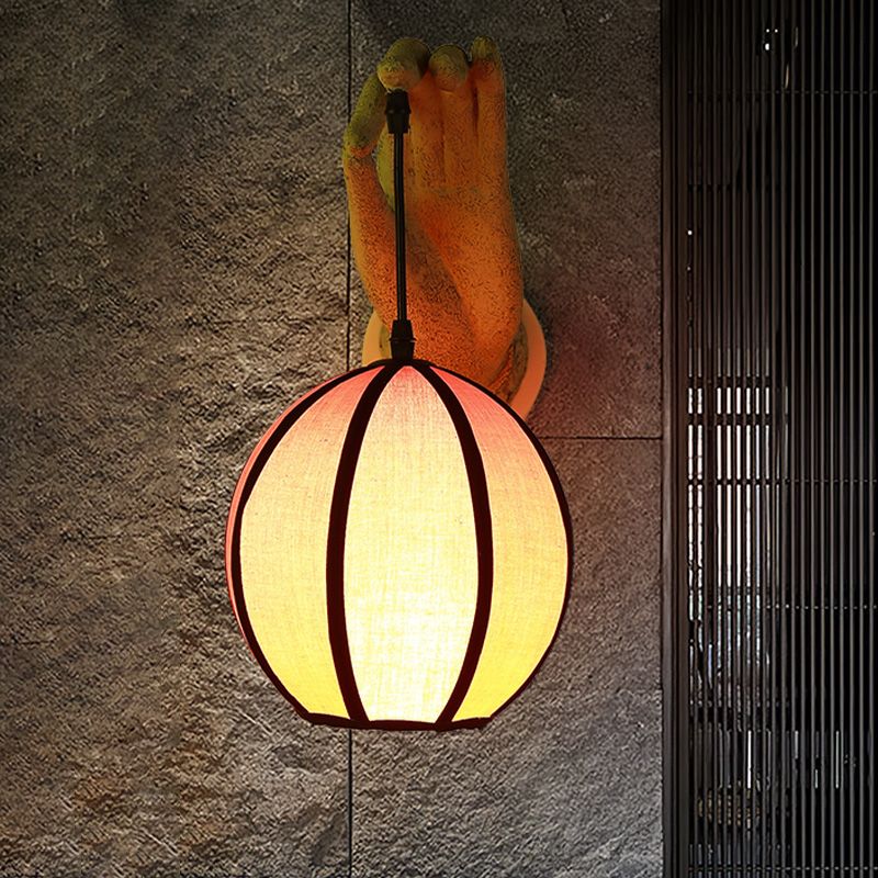 Red Global Wall Light Sconce Asian Style Single Head Fabric Wall Lamp Fixture with Resin Hand Backplate for Restaurant