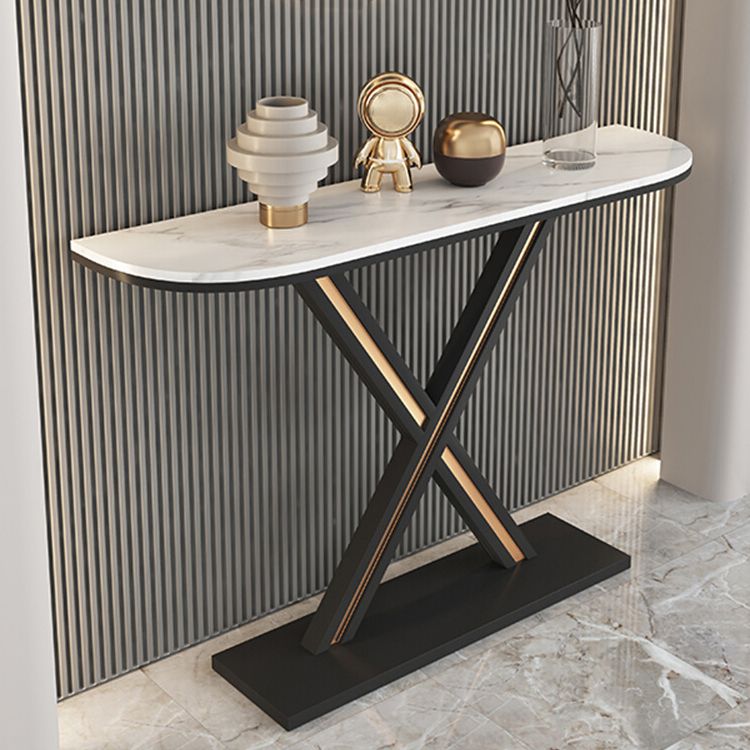 Half Moon Stone Top Accent Table with Black Iron Pedestal Base